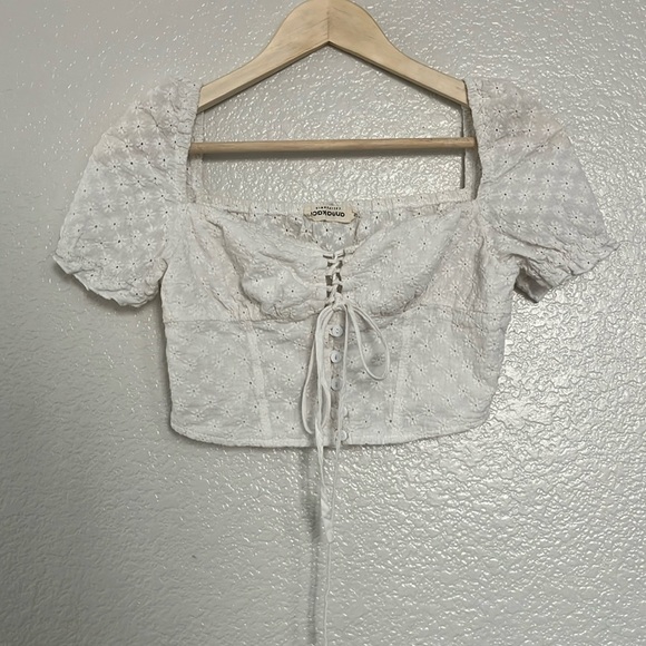 Anna-Kaci Tops - Anna-Kaci White Eyelet Cropped Top